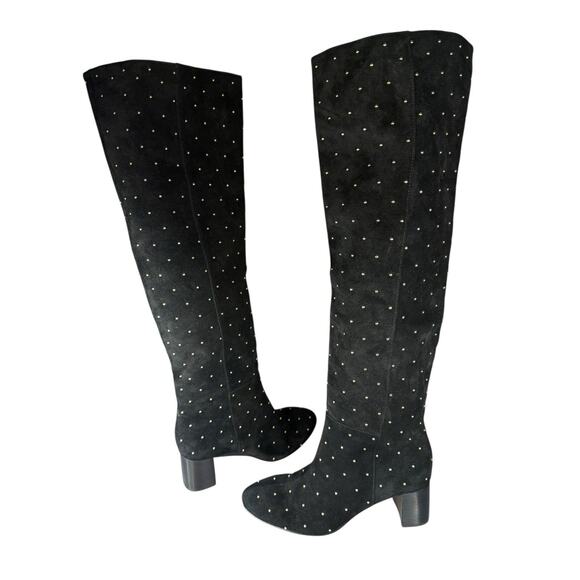 NEW Madewell Black Suede Studded Tall Boots Gold Stud Knee High Boots 7 - Picture 2 of 8